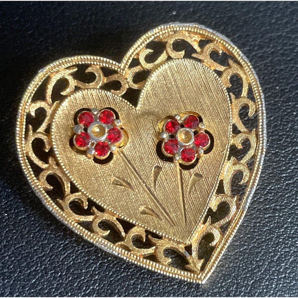 Vintage JJ Heart Brooch Red Rhinestone Flower Filigree Pin Signed Valentines